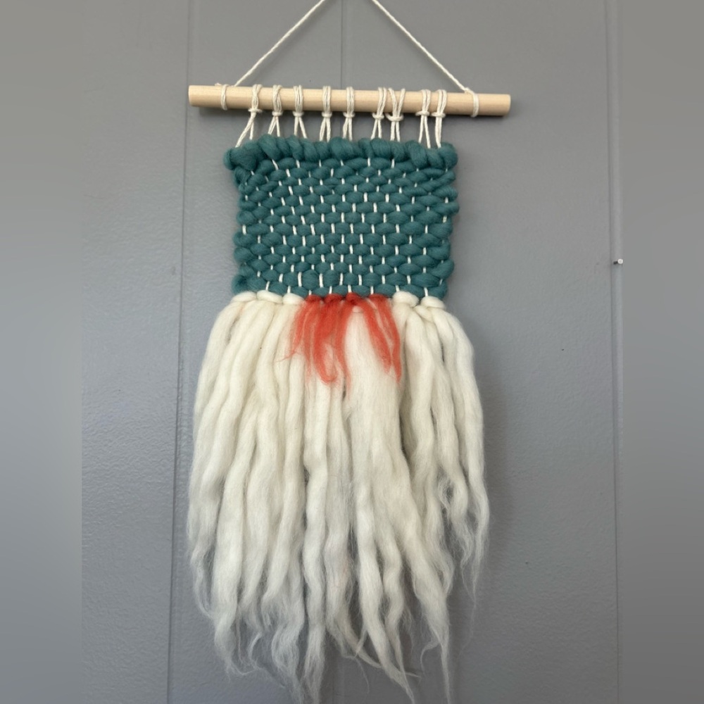 Handwoven Wall Hanging with Teal and White Wool